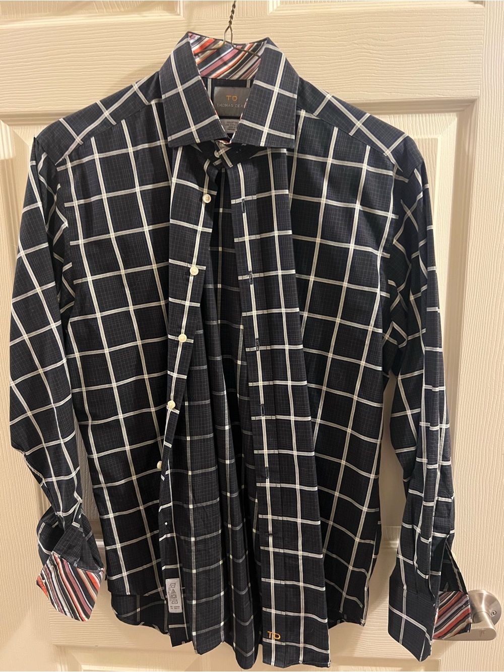 Thomas Dean Black Windowpane Button-Down Shirt with White Grid